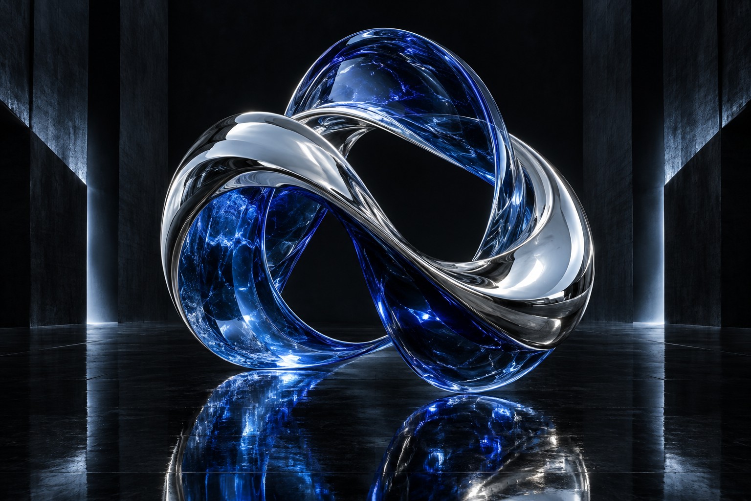 Sculptural interwoven cobalt glass and liquid chrome, a visual study of the Muse mechanism